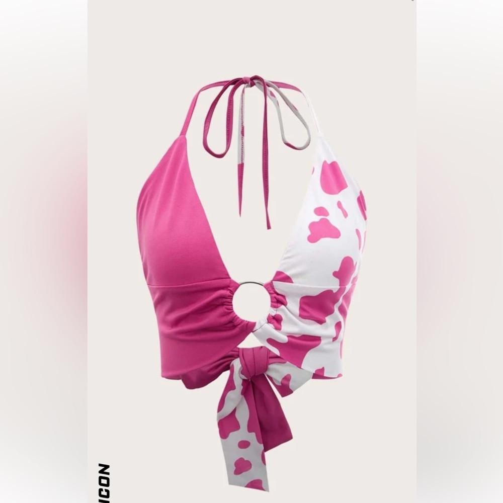 Pink/White Cowprint Halter O-Ring Crop Top